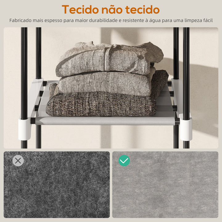 Armário para Roupas 182x43x185 cm Armário Aberto com 8 Prateleiras de Tecido Barras para Pendurar Estrutura de Metal para Quarto Sala Vestiário Cinzento Claro
