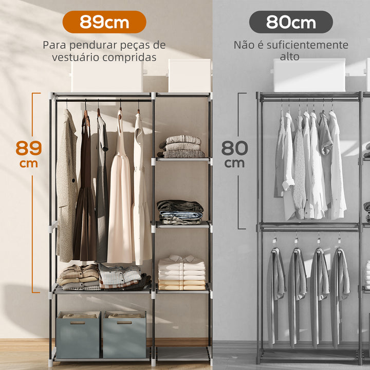 Armário para Roupas 182x43x185 cm Armário Aberto com 8 Prateleiras de Tecido Barras para Pendurar Estrutura de Metal para Quarto Sala Vestiário Cinzento Claro