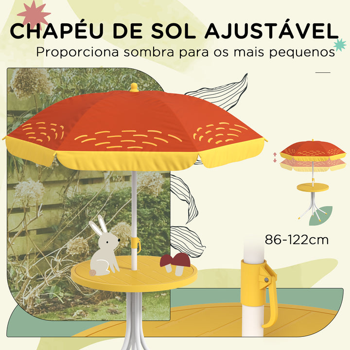 Conjunto Infantil de Mesa e Cadeiras de Exterior Conjunto de 2 Cadeiras Dobráveis e Mesa para Crianças Mesa com Chapéu de Sol Ajustável em Altura Tema de Leão para Jardim Pátio Amarelo e Castanho