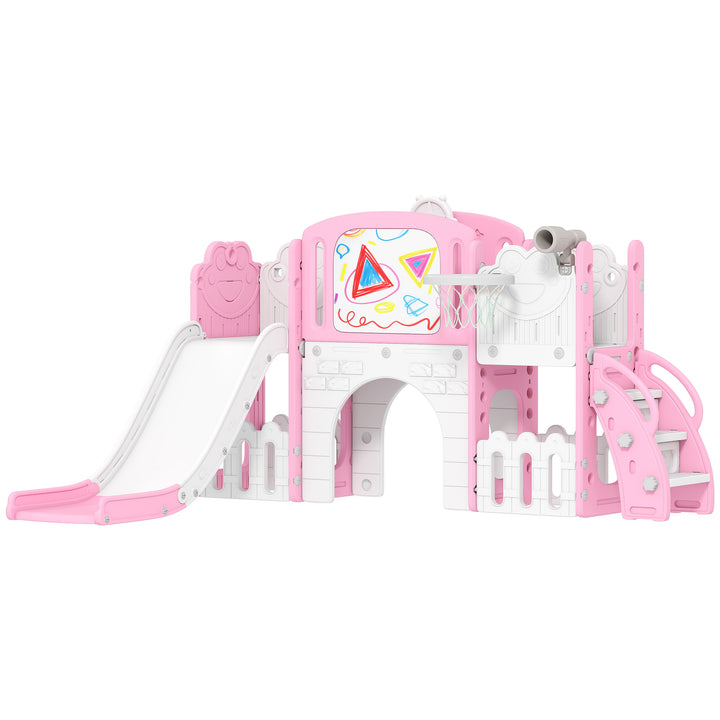 Escorrega Infantil 7 em 1 para Crianças dos 1 aos 3 Anos Tema de Sapo com Aro de Basquetebol Túnel, Quadro Telescópio de Brincar Trepador e Caixas, Interior e Exterior 176x150x94 cm Rosa