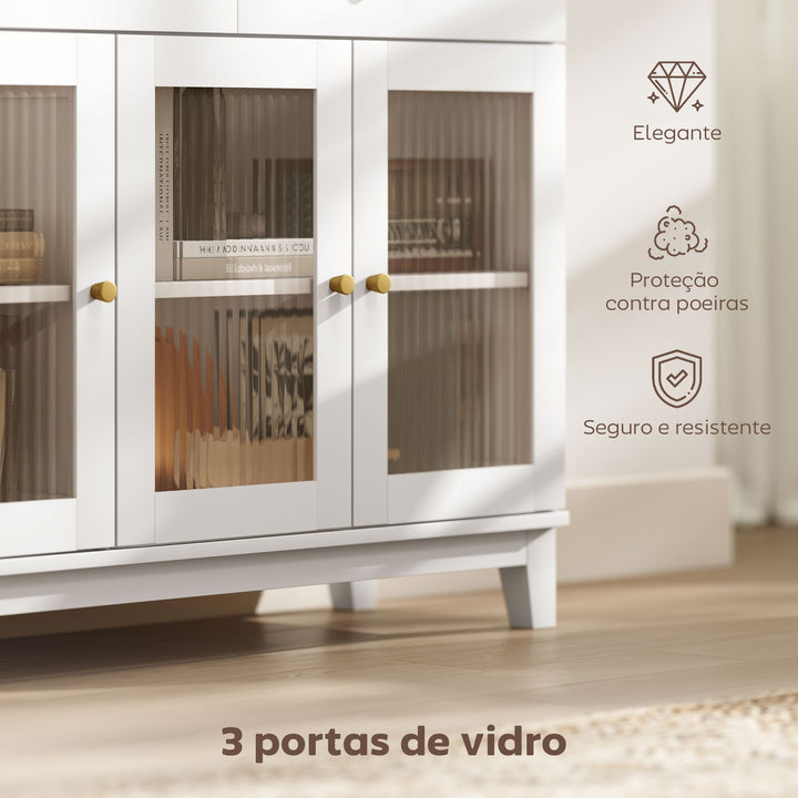 Aparador 3 Portas de Vidro Aparador para Sala Moderno com 2 Gavetas e Prateleiras Ajustáveis para Sala de Jantar ou Entrada 100x35x80,3 cm Branco