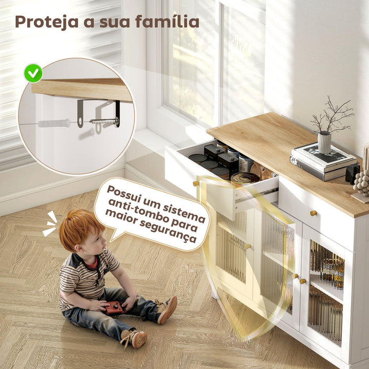 Aparador 3 Portas de Vidro Aparador para Sala Moderno com 2 Gavetas e Prateleiras Ajustáveis para Sala de Jantar ou Entrada 100x35x80,3 cm Branco