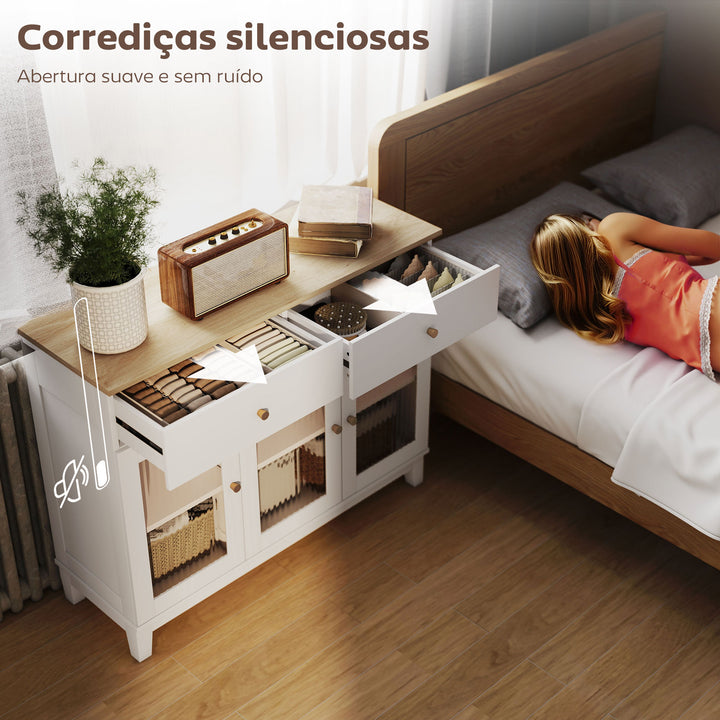 Aparador 3 Portas de Vidro Aparador para Sala Moderno com 2 Gavetas e Prateleiras Ajustáveis para Sala de Jantar ou Entrada 100x35x80,3 cm Branco