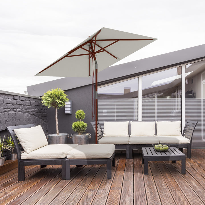 Chapéu de Sol de Jardim 200x150x235cm Chapéu de Sol Retangular Inclinável com Polia Duplo Teto e Mastro Desmontável de Madeira para Terraço Pátio Bege