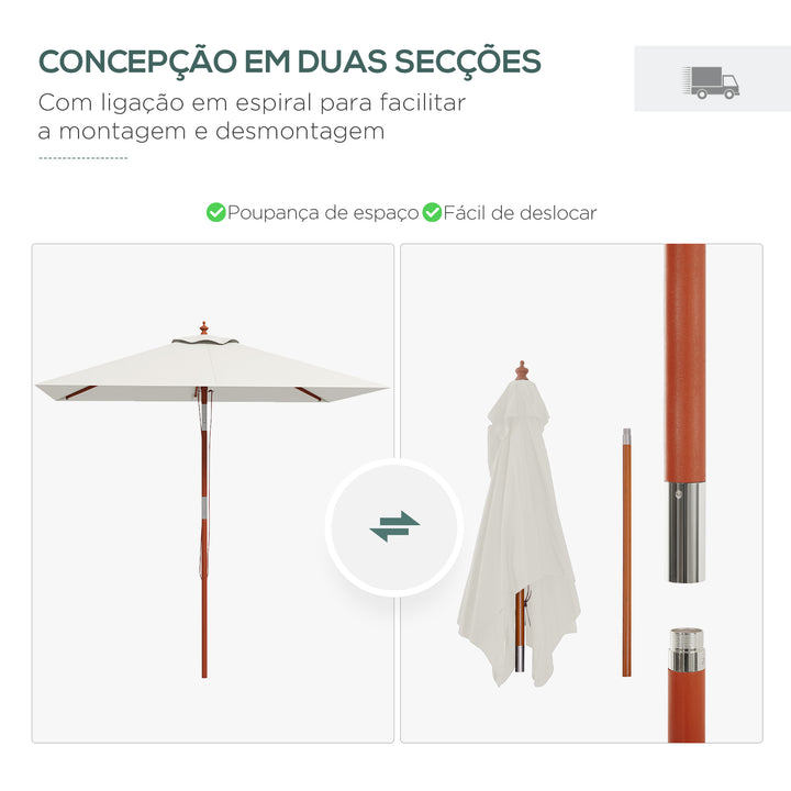 Chapéu de Sol de Jardim 200x150x235cm Chapéu de Sol Retangular Inclinável com Polia Duplo Teto e Mastro Desmontável de Madeira para Terraço Pátio Bege