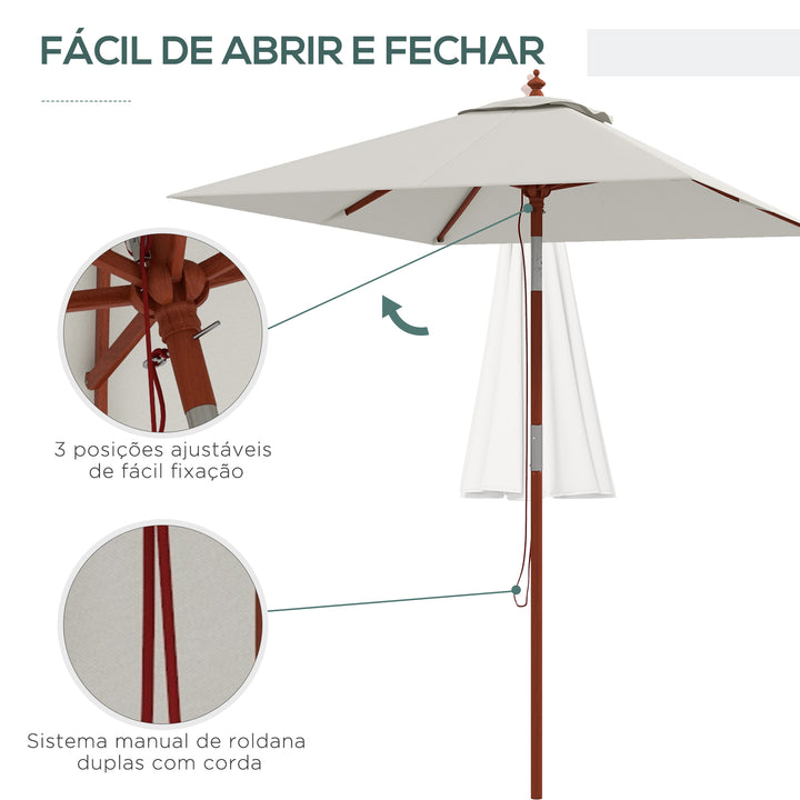 Chapéu de Sol de Jardim 200x150x235cm Chapéu de Sol Retangular Inclinável com Polia Duplo Teto e Mastro Desmontável de Madeira para Terraço Pátio Bege