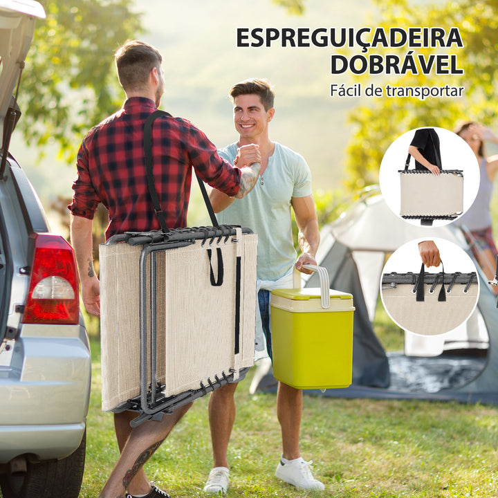 Espreguiçadeira Dobrável Espreguiçadeira Jardim com Encosto Ajustável Apoio de Cabeça Bolsa Lateral Bandeja e Estrutura de Aço Carga 120 kg para Terraço Piscina Praia 190x60x31 cm Creme