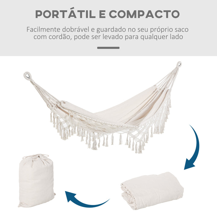 Cama de Rede Suspensa 288x150 cm Cama de Rede para Jardim de Algodão com Bolsa de Transporte Capacidade 180 kg para Pátio Terraço Campismo Creme