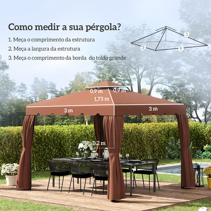 Toldo de Substituição para Pérgola 300x300 cm Teto de Substituição para Pérgolas Exterior com Duplo Teto e 8 Orifícios de Drenagem Marrom