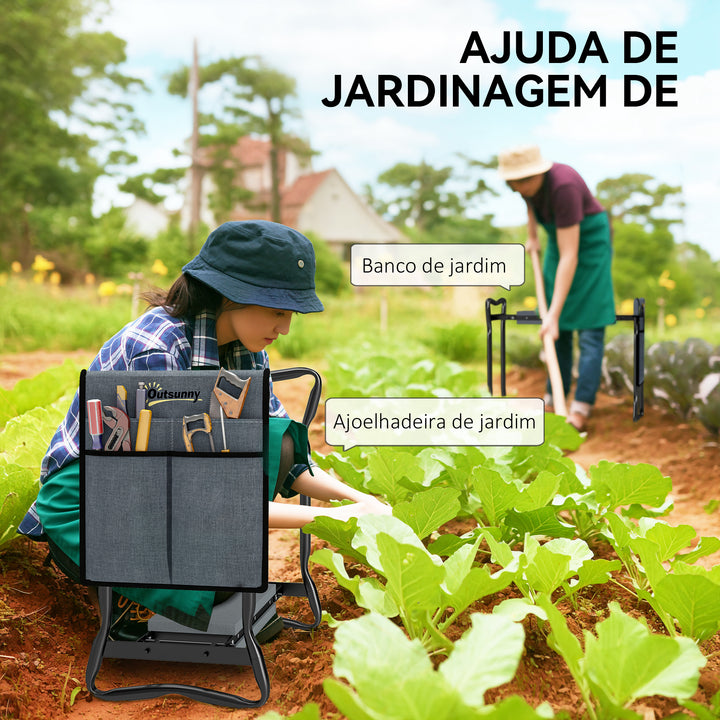Banco de Jardim Dobrável com Almofada de Espuma EVA Assento de Jardim 2 em 1 com Saco para Ferramentas Portátil Suporta 150kg para Jardinagem 58x28x49 cm Cinzento