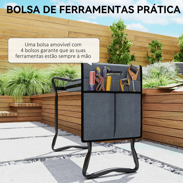 Banco de Jardim Dobrável com Almofada de Espuma EVA Assento de Jardim 2 em 1 com Saco para Ferramentas Portátil Suporta 150kg para Jardinagem 58x28x49 cm Cinzento
