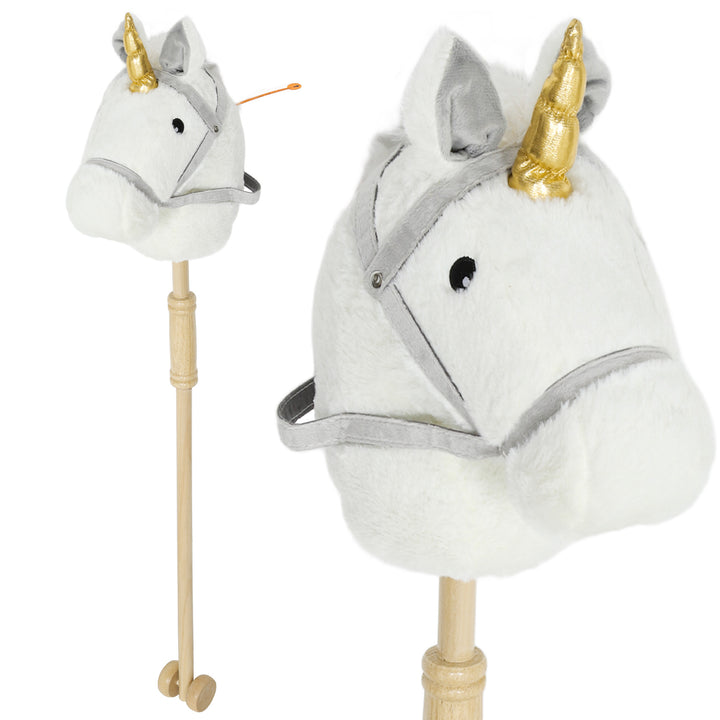Cavalo com Pau de Madeira Design Unicórnio Sons e Rodas Cavalo de Brinquedo 95x25x27 cm Branco