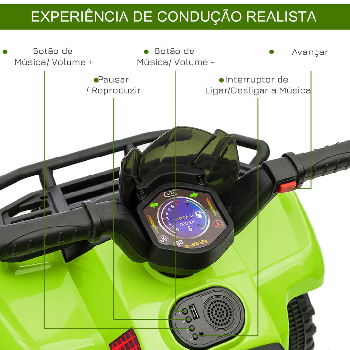 Quadriciclo Elétrico para Crianças de 18-36 Meses Veículo Elétrico a Bateria 6V Infantil com Faróis LED Velocidade 2km/h 66x44x42cm Verde