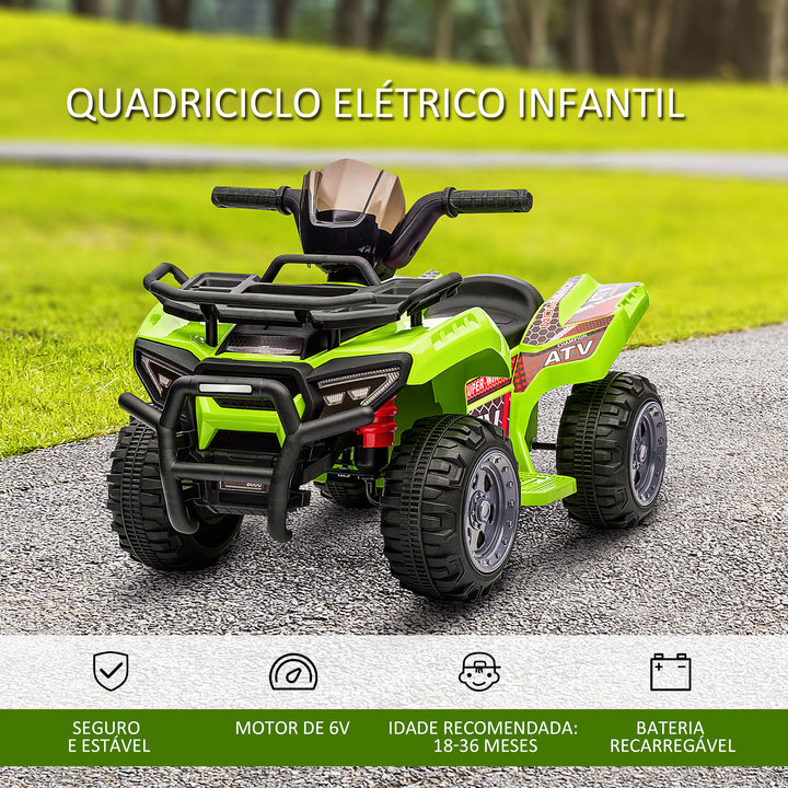 Quadriciclo Elétrico para Crianças de 18-36 Meses Veículo Elétrico a Bateria 6V Infantil com Faróis LED Velocidade 2km/h 66x44x42cm Verde