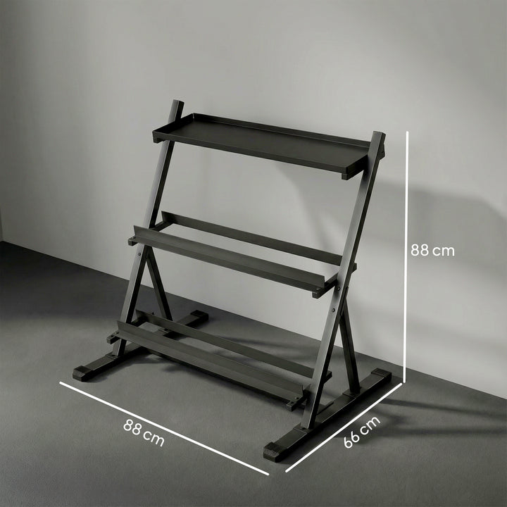 Suporte para Halteres de 3 Níveis Estante de Armazenamento de Pesos de Aço com Barras Ajustáveis para Treino em Ginásio Casa Capacidade 200 kg 88x66x88 cm