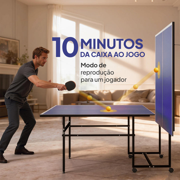 Mesa de Ping Pong Dobrável Mesa de Ping Pong Profissional com 4 Rodas Rede 2 Raquetes e 3 Bolas para Interior e Exterior 274x152,5x75,5 cm Azul