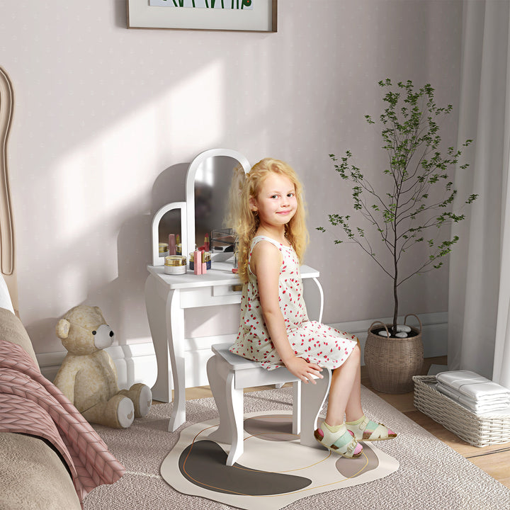 Toucador para Crianças com Espelho e Banco Toucador de Maquilhagem para Crianças de 3 a 6 Anos Toucador Infantil de Madeira com Gaveta 52x32x85 cm Branco