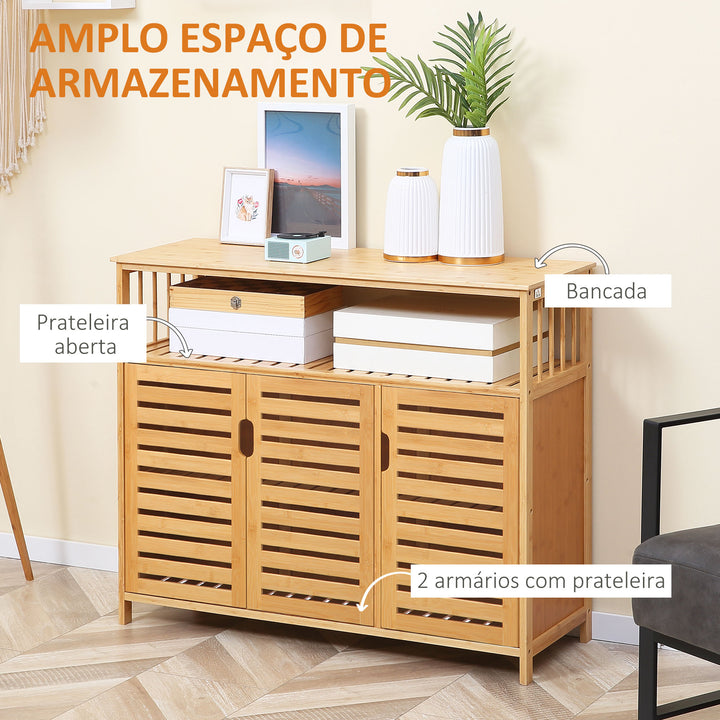 Aparador de 3 Portas Ranuradas Aparador para Sala de Estar em Bambu com Prateleiras para Sala de Jantar Cozinha Entrada 100x35x82 cm Madeira