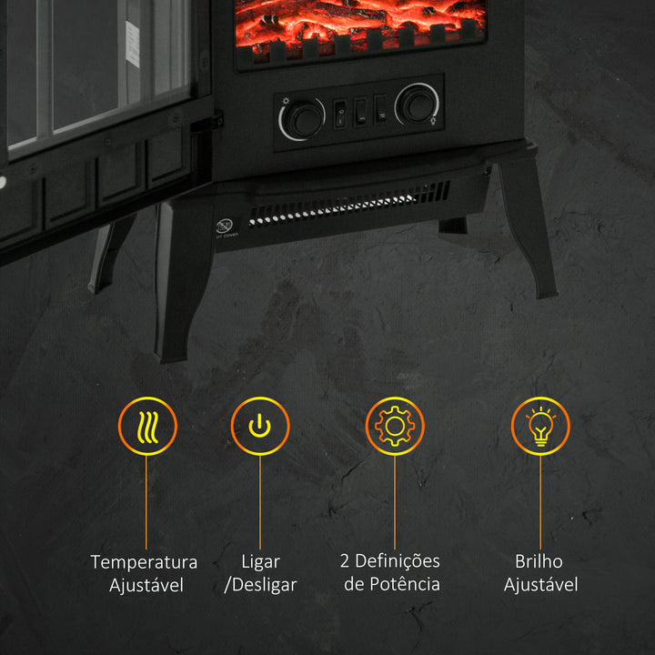 Lareira elétrica de pé 1000/2000 W Chama LED com termostato 39x23x56.5cm