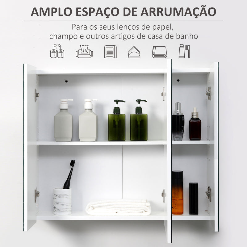 Armário de Casa de Banho com 3 Portas com Espelho Armário de Parede para Casa de Banho com Prateleiras Internas Ajustáveis 70x15x60 cm Branco