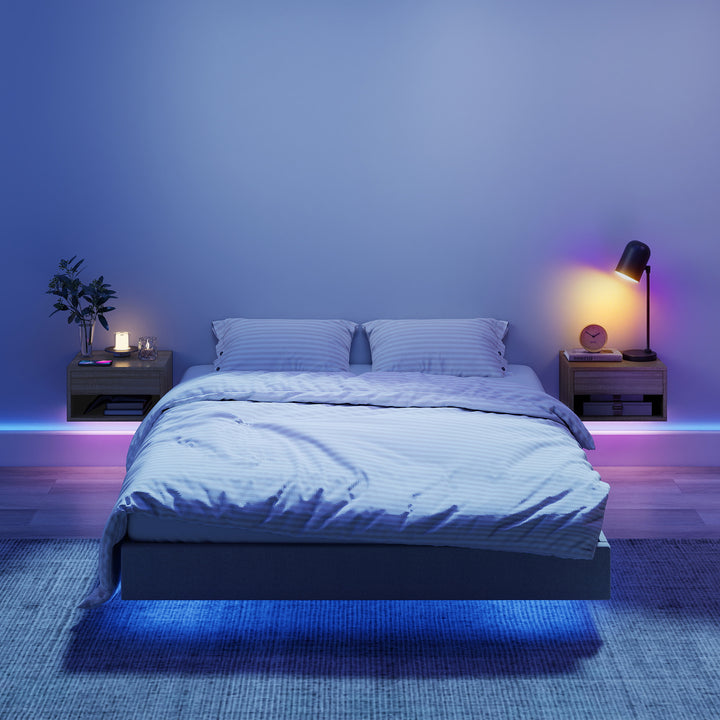 Conjunto de 2 Mesas de Cabeceira Flutuantes com Luzes LED RGB Controlo por APP Mesas de Cabeceira para Quarto com Gaveta Prateleira Aberta 37x32x21 cm Madeira