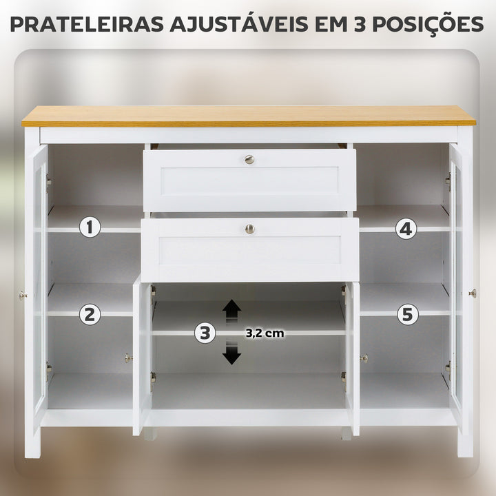 Aparador de Cozinha com Armário 2 Gavetas 2 Portas de Vidro e Prateleiras Ajustáveis Móvel Auxiliar de Armazenamento para Sala de Jantar Sala de Estar 120x40x90cm Branco