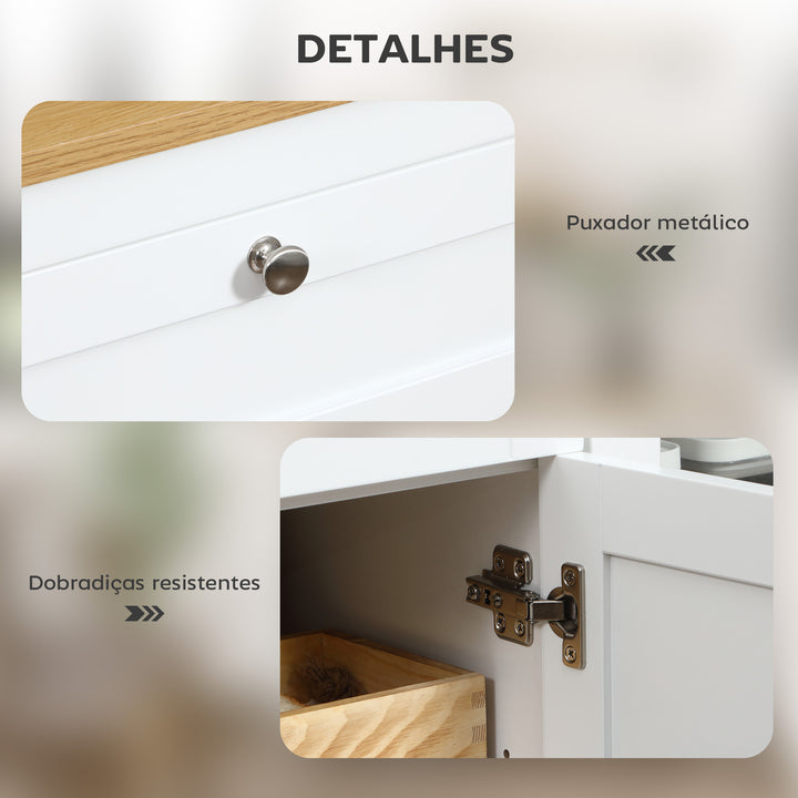 Aparador de Cozinha com Armário 2 Gavetas 2 Portas de Vidro e Prateleiras Ajustáveis Móvel Auxiliar de Armazenamento para Sala de Jantar Sala de Estar 120x40x90cm Branco
