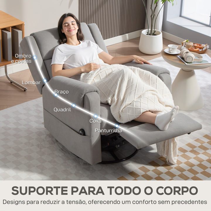 Poltrona Relax Reclinável Elétrica Giratória e Basculante com Apoio para os Pés Ajustável Controlo Remoto Acolchoamento Espesso Tecido Chenille para Quarto Sala de Estar 86x89x99 cm Cinzento Claro