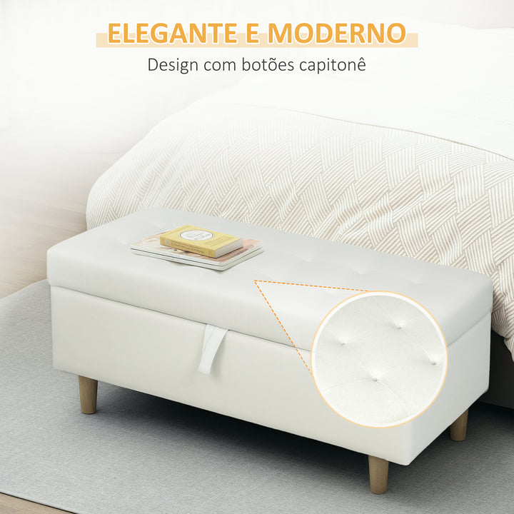 Banco de Arrumação Baú Estofado em Veludo com Pés de Madeira Capacidade 71L para Quarto Entrada ou Sala 100x50x43 cm Creme