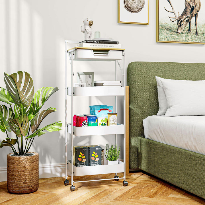 Carrinho Auxiliar com Rodas de 4 Níveis Carrinho de Cozinha com 1 Gaveta e 3 Cestos Carrinho Organizador para Dormitorio Sala Escritório 45x29,5x117,5 cm Branco