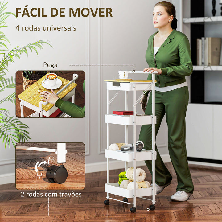 Carrinho Auxiliar com Rodas de 4 Níveis Carrinho de Cozinha com 1 Gaveta e 3 Cestos Carrinho Organizador para Dormitorio Sala Escritório 45x29,5x117,5 cm Branco