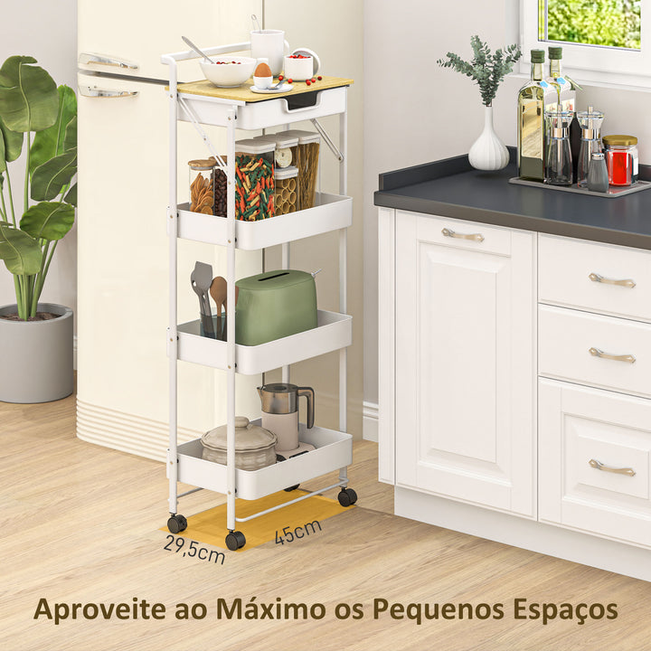 Carrinho Auxiliar com Rodas de 4 Níveis Carrinho de Cozinha com 1 Gaveta e 3 Cestos Carrinho Organizador para Dormitorio Sala Escritório 45x29,5x117,5 cm Branco