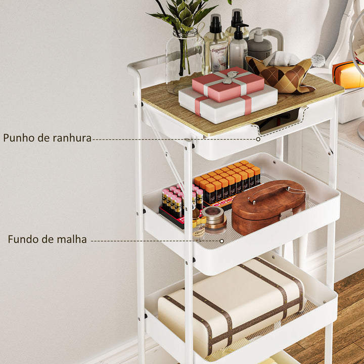 Carrinho Auxiliar com Rodas de 4 Níveis Carrinho de Cozinha com 1 Gaveta e 3 Cestos Carrinho Organizador para Dormitorio Sala Escritório 45x29,5x117,5 cm Branco