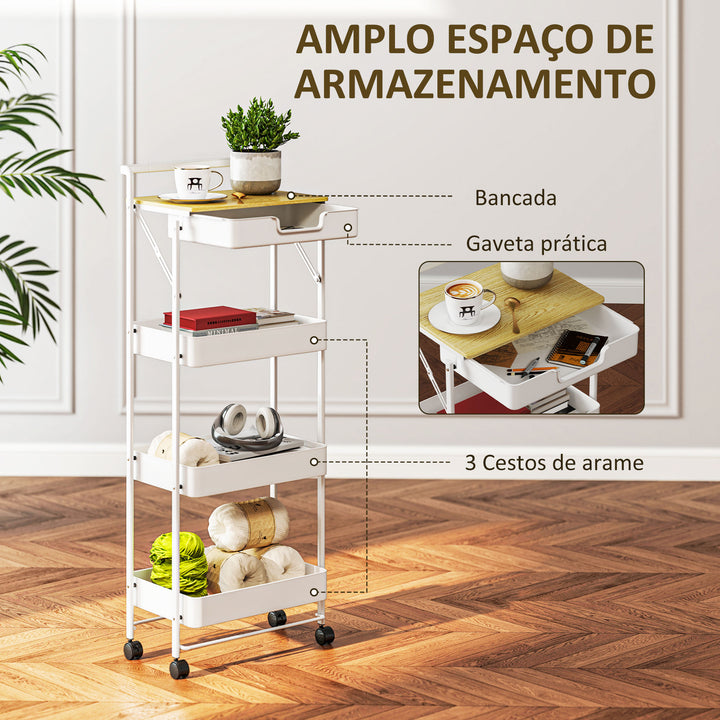 Carrinho Auxiliar com Rodas de 4 Níveis Carrinho de Cozinha com 1 Gaveta e 3 Cestos Carrinho Organizador para Dormitorio Sala Escritório 45x29,5x117,5 cm Branco