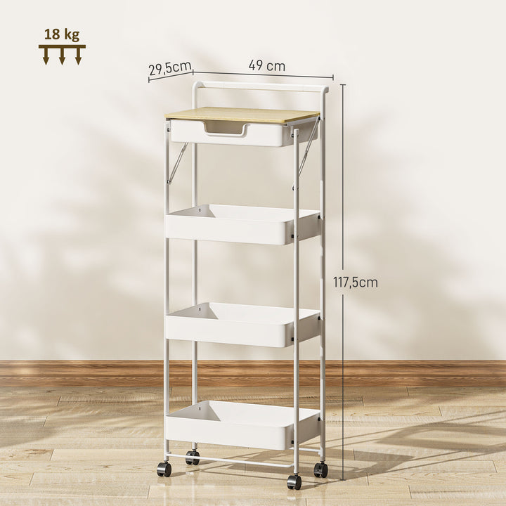 Carrinho Auxiliar com Rodas de 4 Níveis Carrinho de Cozinha com 1 Gaveta e 3 Cestos Carrinho Organizador para Dormitorio Sala Escritório 45x29,5x117,5 cm Branco