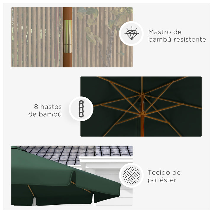 Chapéu de Sol de Jardim Ø325x250 cm Chapéu de Sol de Madeira com Sistema de Polea Teto com Ventilação e 8 Hastes de Bambú para Terraço Balcão Exterior Verde