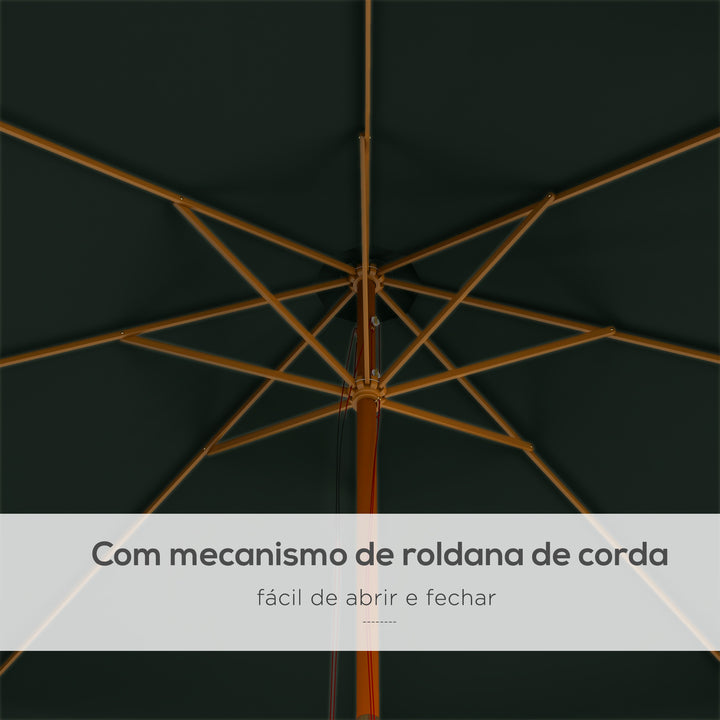 Chapéu de Sol de Jardim Ø325x250 cm Chapéu de Sol de Madeira com Sistema de Polea Teto com Ventilação e 8 Hastes de Bambú para Terraço Balcão Exterior Verde