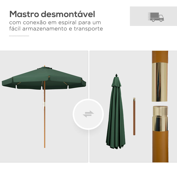 Chapéu de Sol de Jardim Ø325x250 cm Chapéu de Sol de Madeira com Sistema de Polea Teto com Ventilação e 8 Hastes de Bambú para Terraço Balcão Exterior Verde