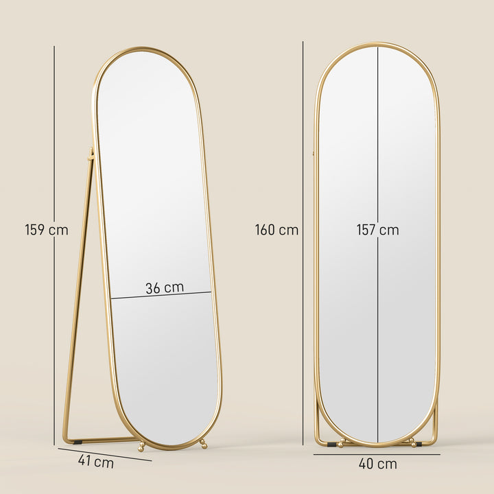 Espelho de Pé 160x40 cm Espelho de Corpo Inteiro com Moldura Metálica Espelho de Parede Oval com Suporte e 2 Formas de Utilização para Sala de Estar Entrada e Quarto Dourado
