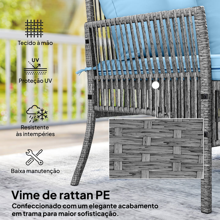 Conjunto de Jardim de Vime de 3 Peças Móveis de Jardim Exterior com Sofá de 2 Lugares Chaise Longue Mesa de Centro com Vidro Temperado Almofadas Resistente Azul Claro