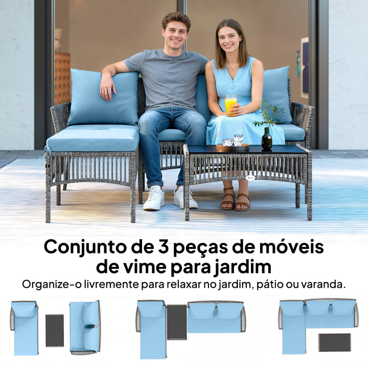 Conjunto de Jardim de Vime de 3 Peças Móveis de Jardim Exterior com Sofá de 2 Lugares Chaise Longue Mesa de Centro com Vidro Temperado Almofadas Resistente Azul Claro
