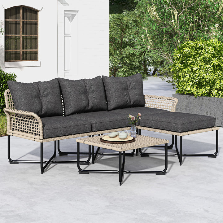 Conjunto de Jardim em Vime Sintético Conjunto de Móveis de Exterior com Sofá de 4 Módulos 1 Mesa de Centro e Almofadas Cinza