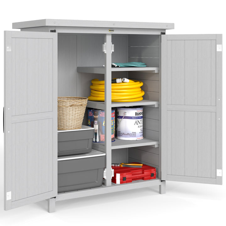 Armário de Jardim de Madeira 75x40x90 cm Armário de Exterior Armário para Armazenamento de Ferramentas com 4 Prateleiras 2 Portas e Telhado de Chapa Galvanizada Cinzento