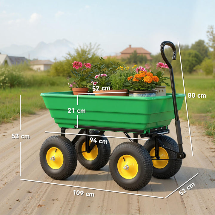 Carrinho de Jardim com Caçamba Inclinável até 75° Carrinho de Mão com Guiador Ajustável e 4 Pneus Capacidade Máxima 75L Aço 109x52x94 cm Verde Escuro