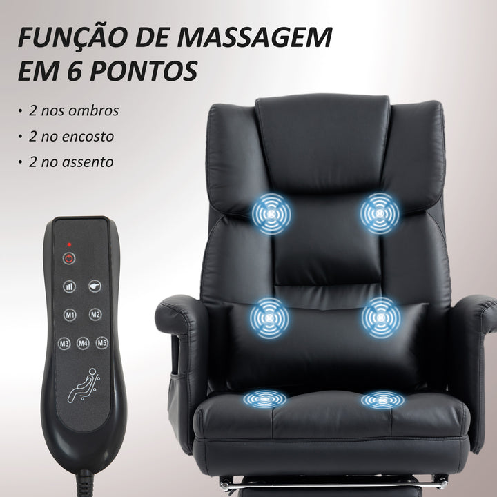 Cadeira de Massagem com 6 Pontos de Massagem Cadeira de Escritório com Apoio para os Pés Retrátil Altura Ajustável Controlo Remoto e Suporte Lombar Estofado em PU 69x65x107-115 cm Preto
