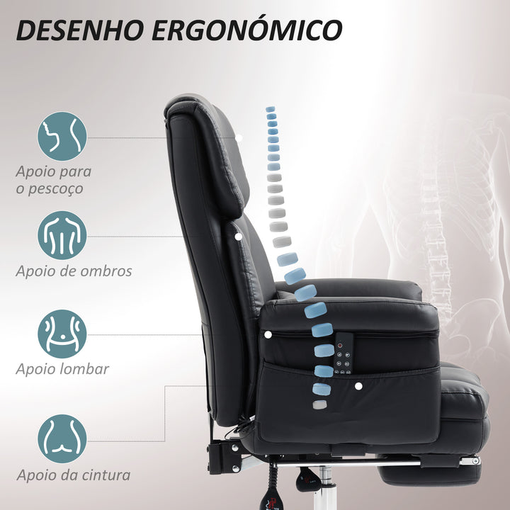 Cadeira de Massagem com 6 Pontos de Massagem Cadeira de Escritório com Apoio para os Pés Retrátil Altura Ajustável Controlo Remoto e Suporte Lombar Estofado em PU 69x65x107-115 cm Preto