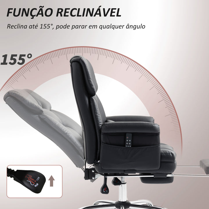 Cadeira de Massagem com 6 Pontos de Massagem Cadeira de Escritório com Apoio para os Pés Retrátil Altura Ajustável Controlo Remoto e Suporte Lombar Estofado em PU 69x65x107-115 cm Preto