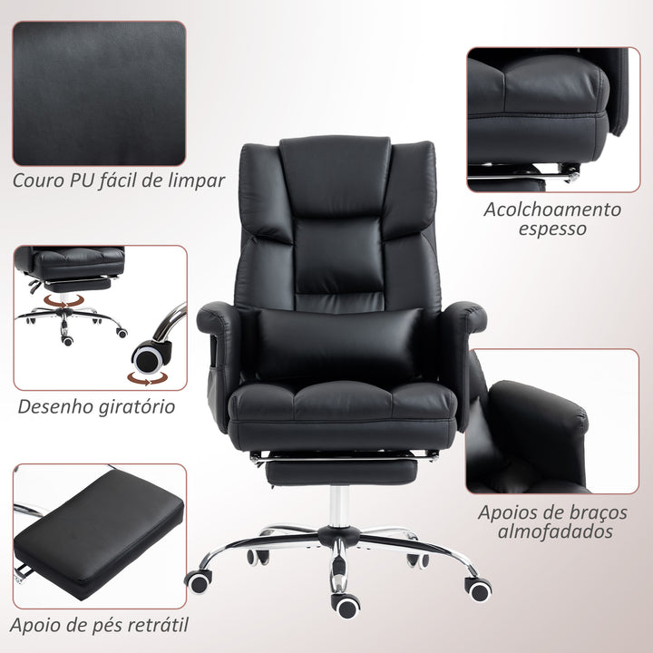 Cadeira de Massagem com 6 Pontos de Massagem Cadeira de Escritório com Apoio para os Pés Retrátil Altura Ajustável Controlo Remoto e Suporte Lombar Estofado em PU 69x65x107-115 cm Preto
