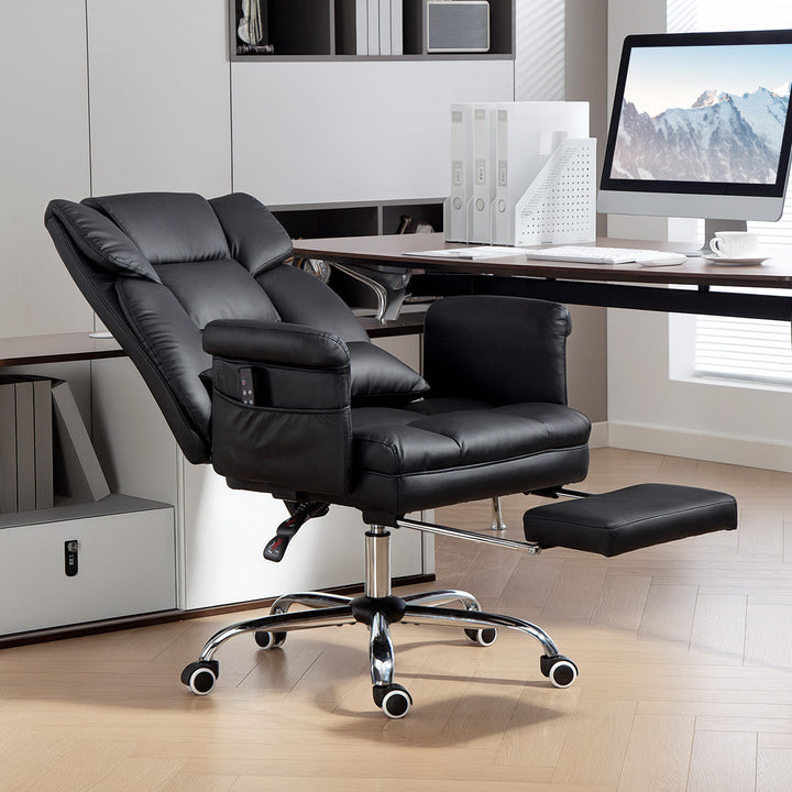 Cadeira de Massagem com 6 Pontos de Massagem Cadeira de Escritório com Apoio para os Pés Retrátil Altura Ajustável Controlo Remoto e Suporte Lombar Estofado em PU 69x65x107-115 cm Preto