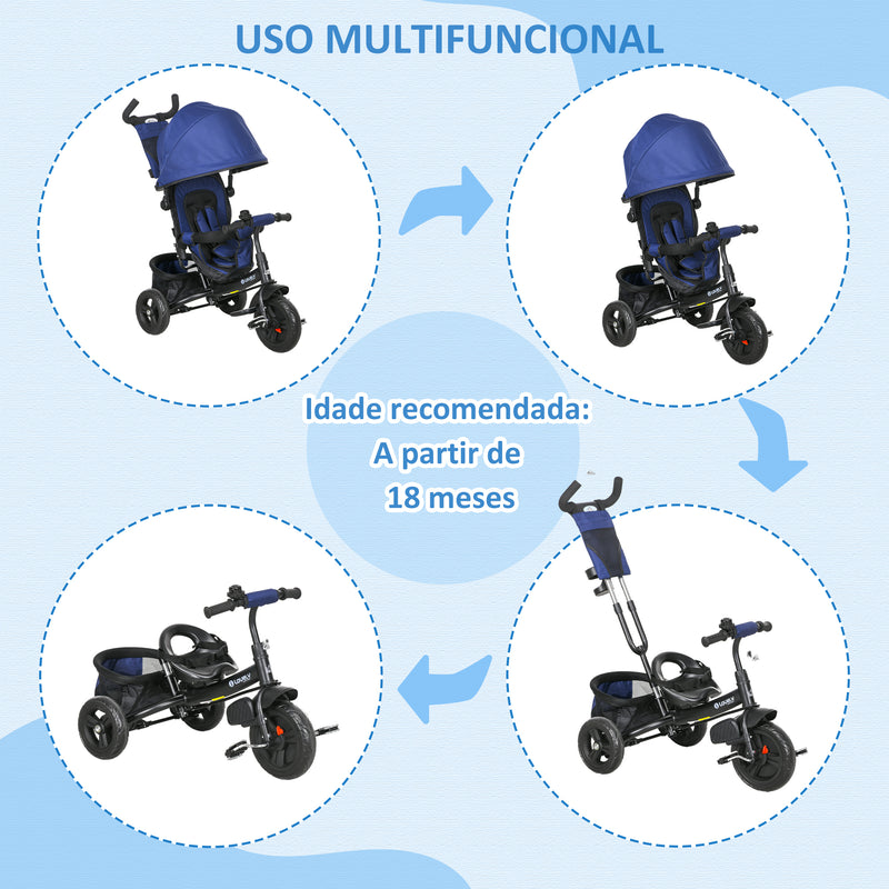 Triciclo para Bebés 2 em 1 Triciclo Evolutivo para Crianças de +12 Meses com Capota Dobrável Guiador Telescópico e Removível Bolsa e Porta-garrafas Azul Marrinho